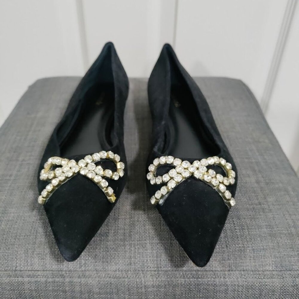 Larroude Lee Black Velvet Crystal Bow Embellished Pointed Toe Flat Women's 8.5 - Picture 3 of 9